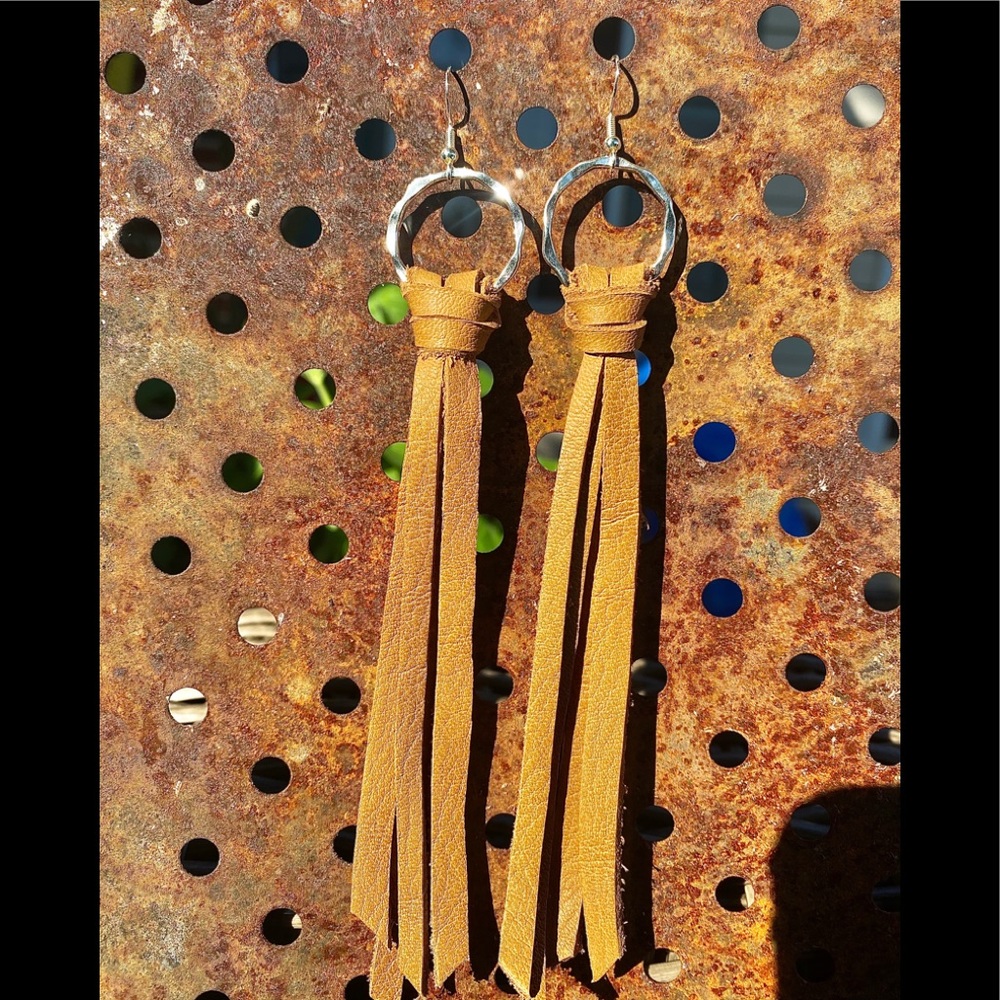 Ladies Handmade Leather Fringe tassel Earrings, silver hoop, leather earrings,